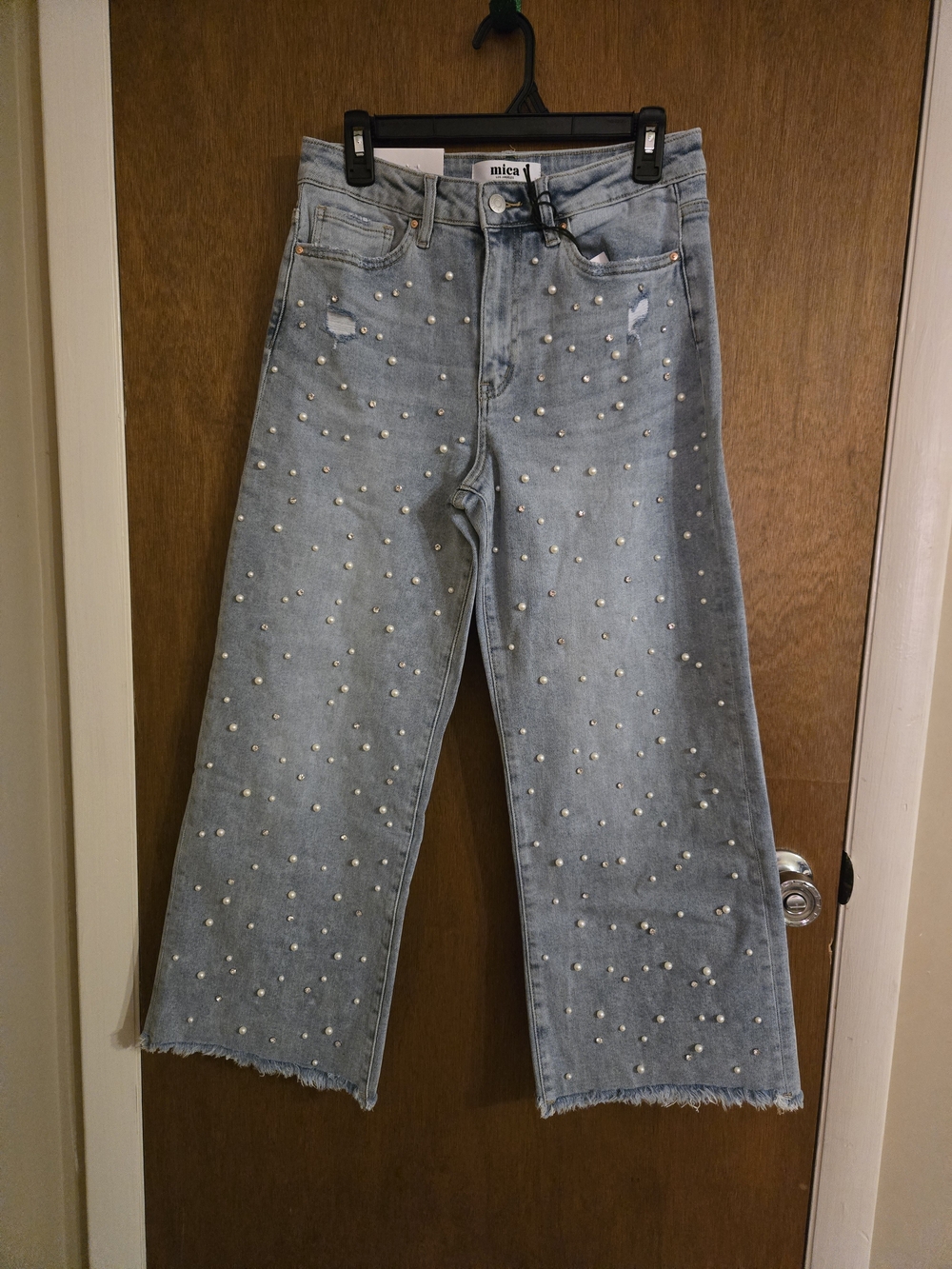 Light Blue Pearl-Embellished Wide Leg Jeans - Women's